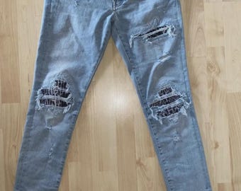 Amiri MX1 Zebra Mönstrade Jeans Skinny Slitna Designer Denim Rare