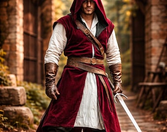 Capa medieval con capucha – Sobreveste de caballero renacentista, túnica para LARP de fantasía