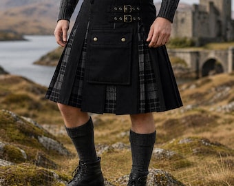 Falda escocesa tradicional de tartán para hombre – Conjunto de falda escocesa a cuadros de las Tierras Altas