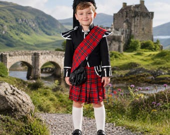 Completo da kilt scozzese per bambini: abito tradizionale delle Highlands con cappello e accessori.