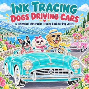 Pode incluir: Um livro de traçado em aguarela intitulado Ink Tracing Dogs Driving Cars com um descapotável azul-petróleo com três cães de óculos de sol e um segundo carro cor-de-rosa com um cão condutor, perante uma paisagem costeira montanhosa.
