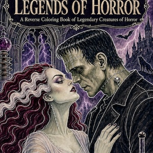 Peut inclure: Une couverture de livre intitulée Ink Tracing Legends of Horror, A Reverse Coloring Book of Legendary Creatures of Horror. L'illustration montre une créature à la peau verte avec des points de suture et une femme aux longs cheveux ondulés.