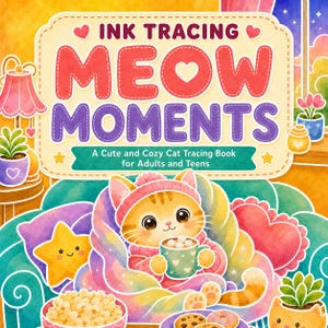 Peut inclure: Une couverture de livre intitulée INK TRACING MEOW MOMENTS A Cute and Cozy Cat Tracing Book for Adults and Teens. L'illustration montre un chat roux enveloppé dans une couverture arc-en-ciel, tenant une tasse avec des guimauves sur un canapé bleu sarcelle.