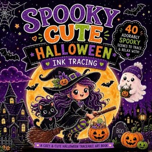 May include: A Halloween-themed ink tracing art book cover titled Spooky Cute Halloween Ink Tracing, featuring a purple-haired witch on a broomstick with a black cat, a ghost holding a pumpkin mug, a large full moon, and a haunted house.
