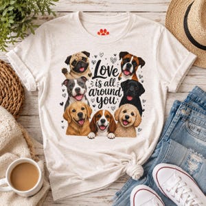May include: A heathered cream t-shirt featuring a graphic of six different dog breeds surrounding the text Love is all around you. The dogs include a pug, boxer, pit bull, golden retriever, beagle, and poodle, all with open mouths and tongues out.