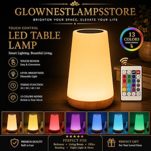 May include: LED table lamp with touch control, dimmable light, and 13 color modes. The lamp has a wooden base and a white lampshade. A remote control is included. The text on the lamp says "GLOWNESTLAMPSSTORE".