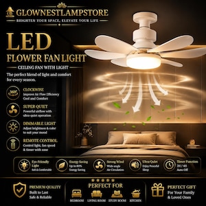 May include: White LED flower fan light with a central light and six petal-shaped blades. The image highlights features like dimmable light, remote control, and energy-saving capabilities. The fan is designed for bedrooms, living rooms, study rooms, and kitchens.