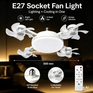 E27 Socket Fan Light, 2-in-1 LED Ceiling Fan Lamp, 4-Head Adjustable Fan with Remote