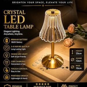 May include: A gold-colored crystal LED table lamp with a fluted shade, 9.8 inches base, 4.7 inches shade, and 9.8 inches height. The lamp has a touch control, USB charging, and a portable design. The text on the image says "GLOWNESTLAMPSSTORE".