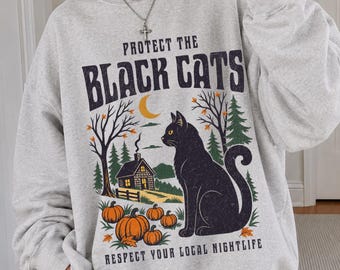 Sudadera de Halloween con gato negro, sudadera retro estilo años 90, camiseta vintage con estampado de gato, sudadera Salem con gato negro, sudadera para otoño.