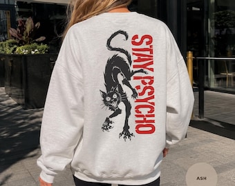 Sudadera con estampado de gato negro psicópata, estilo grunge de los 90, camiseta de terror para Halloween.
