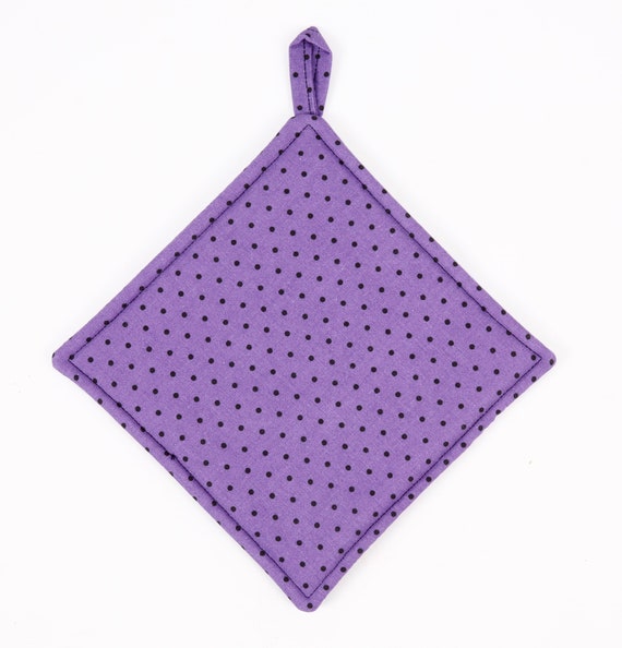 Lavender and White Cotton Potholders with Dots of Lime Set of Two