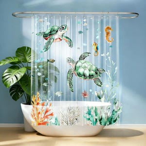 May include: A clear shower curtain featuring a colorful underwater scene with two green sea turtles, a yellow seahorse, small fish, and various coral formations. The curtain hangs from a silver metal rod with circular rings along the top edge.