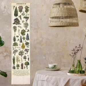 May include: A botanical wall hanging featuring an "Arboretum" print. The print showcases various tree illustrations with scientific names. The scroll is cream-colored with a fringed bottom, and is hanging on a neutral-toned wall. A cup and saucer are on a table.