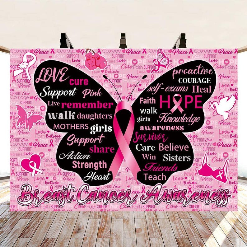 7x5ft Breast Cancer Awareness Backdrop - Pink Ribbon Butterfly Banner ...