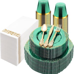 May include: A set of emerald green disposable tableware, including plates, cups, and cutlery. The plates have a decorative gold trim, and the cutlery is gold-colored. White napkins with gold detailing are also included, perfect for a party or event.