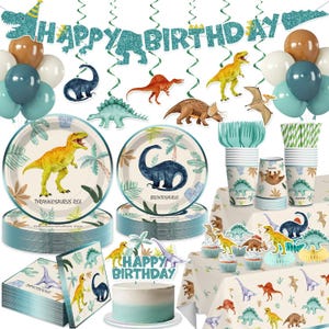 May include: A dinosaur-themed party supply set featuring a glittery blue Happy Birthday banner, assorted balloons in teal, brown, and white, paper plates with Tyrannosaurus Rex and Brontosaurus illustrations, napkins, cups, and a cake topper.