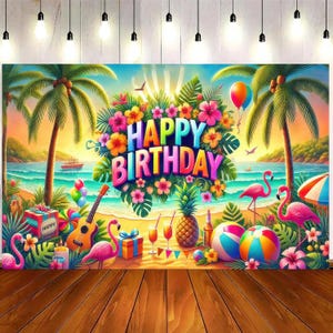 May include: A tropical beach-themed birthday backdrop featuring the text HAPPY BIRTHDAY in colorful letters, surrounded by palm trees, pink flamingos, a guitar, a pineapple, beach balls, gift boxes, and tropical flowers under a sunset sky.