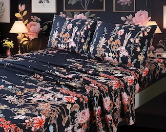 Queen Sheet Set, Vintage Boho Floral Microfiber Bedding (14" Deep Pocket)