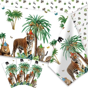 May include: White party supplies with a jungle theme. The image shows a tablecloth and several matching cards. The tablecloth features illustrations of tigers, lions, and palm trees, all wearing party hats. Butterflies and other jungle animals are also present.