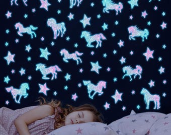 Glow in The Dark Unicorn Wall Decals with Stars for Girls Bedroom Nursery Decor