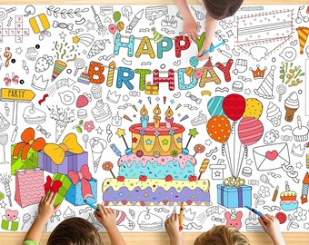 Giant Birthday Coloring Tablecloth – Kids Party Activity Banner, Interactive Decor 72x30