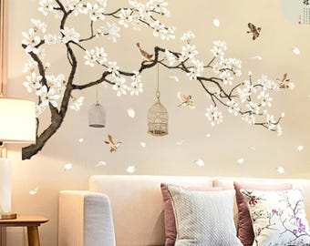 White Cherry Blossom Tree Wall Stickers: 3D Peel Stick Nursery Decor (50x74 Inches)