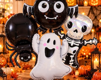 May include: A collection of Halloween foil balloons featuring a black bat with large eyes, a round black spider with eight legs, a white ghost with pink cheeks, and an iridescent skeleton. The text TheVeloraCraftStore is visible at the bottom.