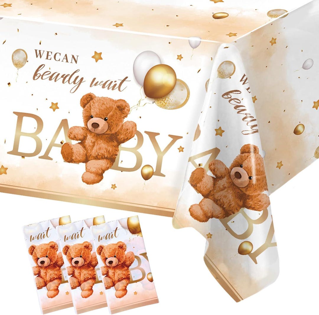Teddy Bear Baby Shower Tablecloth – Boho Bear Theme, We Can Bearly Wait ...