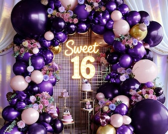 Purple Gold Balloon Garland Kit with Flowers – Double Stuffed Party Décor