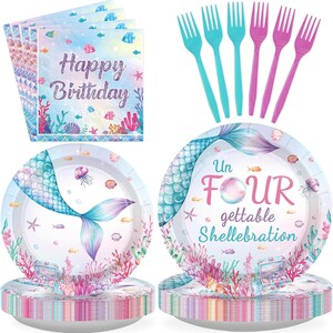 May include: A party supply set featuring napkins with Happy Birthday text, turquoise and pink plastic forks, and round paper plates decorated with mermaid tails, coral, and sea life. One plate features the text Un FOUR gettable Shellebration.