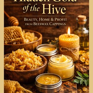 May include: Image of a book cover titled "Hidden Gold of the Hive" with the subtitle "Beauty, Home & Profit from Beeswax Cappings." The image features beeswax products, including honeycombs, candles, and jars of honey, on a wooden surface.