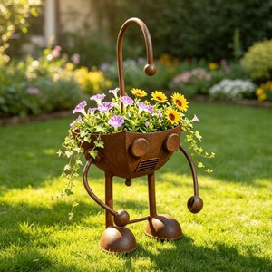 Jardinière robot en métal rouillé