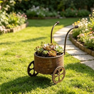 Puede incluir: Una jardinera cilíndrica de metal corrugado con forma de pequeño carrito de jardín, con dos ruedas y dos asas curvas. La jardinera está llena de diversas plantas suculentas verdes y de color rosa claro, con un acabado marrón desgastado.