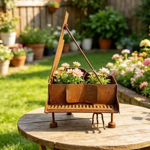 Peut inclure: Une jardinière en métal couleur rouille en forme de piano à queue avec un couvercle ouvert. Le corps du piano contient de petites plantes vertes aux fleurs rose clair. La structure présente un clavier et repose sur trois pieds fins.