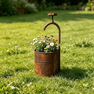 Peut inclure: Une jardinière cylindrique en métal à la finition rouillée, dotée d'un tuyau vertical attaché qui se courbe au-dessus comme un robinet. La jardinière est remplie d'une variété de petites fleurs blanches, orange et violettes avec du feuillage vert.