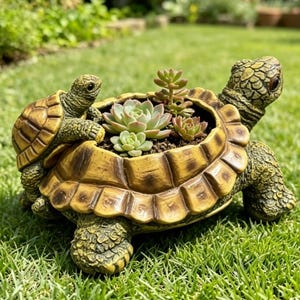 May include: A decorative turtle-shaped planter featuring a large turtle with a textured brown and green shell that serves as a container for three small green succulent plants, with a smaller turtle figure attached to the side of the shell.