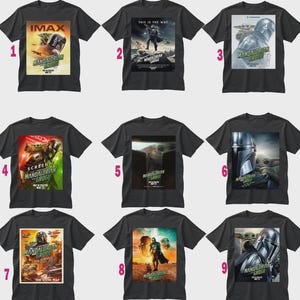 May include: A collection of nine dark gray t-shirts featuring various designs from the Mandalorian and Grogu series. The designs include images of the Mandalorian, Grogu, and movie posters with text such as "IMAX" and "This is the Way."