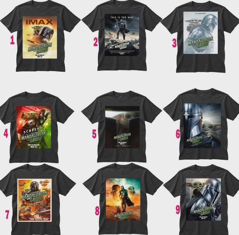 May include: A collection of nine dark gray t-shirts featuring various designs from the Mandalorian and Grogu series. The designs include images of the Mandalorian, Grogu, and movie posters with text such as "IMAX" and "This is the Way."