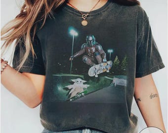 Vintage Star Wars skateboardshirt, Mando & Baby Yoda Gildan jeugd-T-shirt maat S-5XL