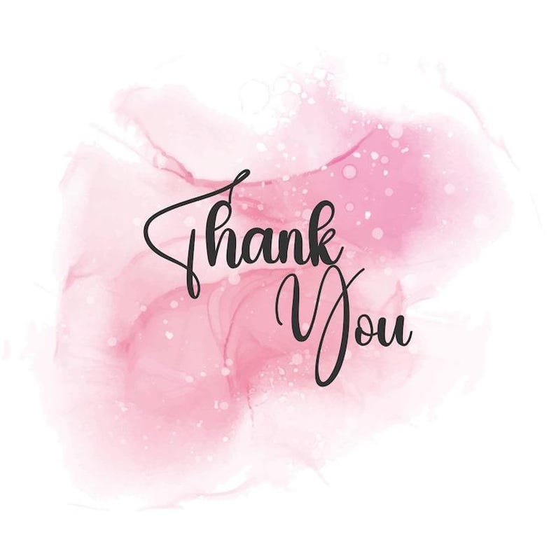 May include: A digital art design featuring the words "Thank You" in elegant black script. The text is set against a soft, abstract background of pink watercolor-style washes and subtle white speckles.
