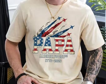 Personalized Papa America 250th Anniversary T-Shirt, Patriotic Kids Names 4th July Tee