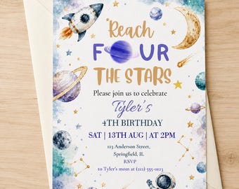Space 4th Birthday Invitation, Reach Four the Stars Invite, Outer Space Birthday Party, Astronaut Planet, Boy Printable Canva Invite