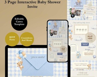 Interactive Blue Bear Cute Baby Shower Invitation, Animated Envelope, Music, Photos, RSVP Form, Canva Template, Digital Download