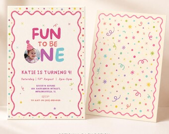 Fun to be one, Colorful Whimsical Polka Dot First Birthday Party Invitation, Canva Template, Edit, Download, and Print at Home