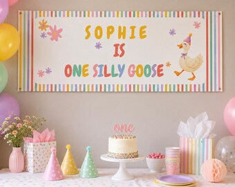 One Silly Goose First Birthday Banner, Editable Canva Template (72x24 inch)
