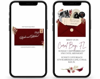 Interactive Digital Save the Date Website, Burgundy Wedding Invitation, Animated Envelope, Music, Photos, Video & RSVP Form