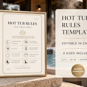 Editable Hot Tub Rules Sign Template, Canva Printable for Airbnb Vacation Rentals, 4 Sizes
