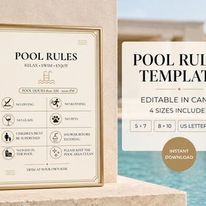 May include: A rectangular sign in a gold frame displaying POOL RULES, RELAX SWIM ENJOY, and POOL HOURS 8:00 AM - 10:00 PM. It features icons and text for no diving, no running, no glass, no pets, children must be supervised, shower before entering, no food in the pool, please keep the pool area clean, and swim at your own risk.