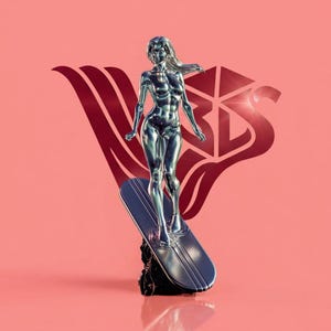 May include: A chrome-colored sculpture of a woman surfing on a surfboard. The sculpture is set against a coral-colored background with a burgundy logo. The woman is in a surfing pose, with her arms outstretched. The surfboard is dark blue.